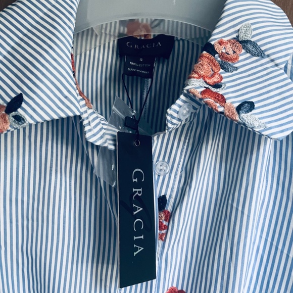 Gracia Women's Striped and Embroidered Flowers Midi Shirt Dress Size Small - Picture 3 of 12